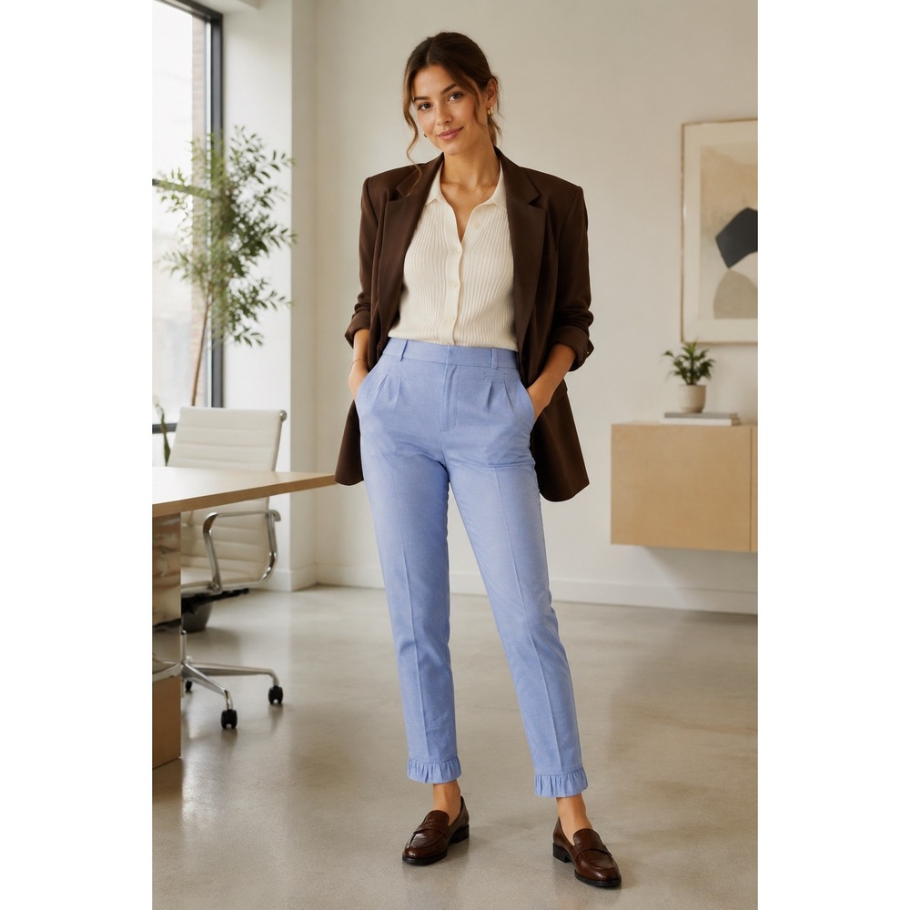 LOFT Light Blue Ruffle Hem Cropped Tapered Dress Pants Size 8 Side Zip Slacks